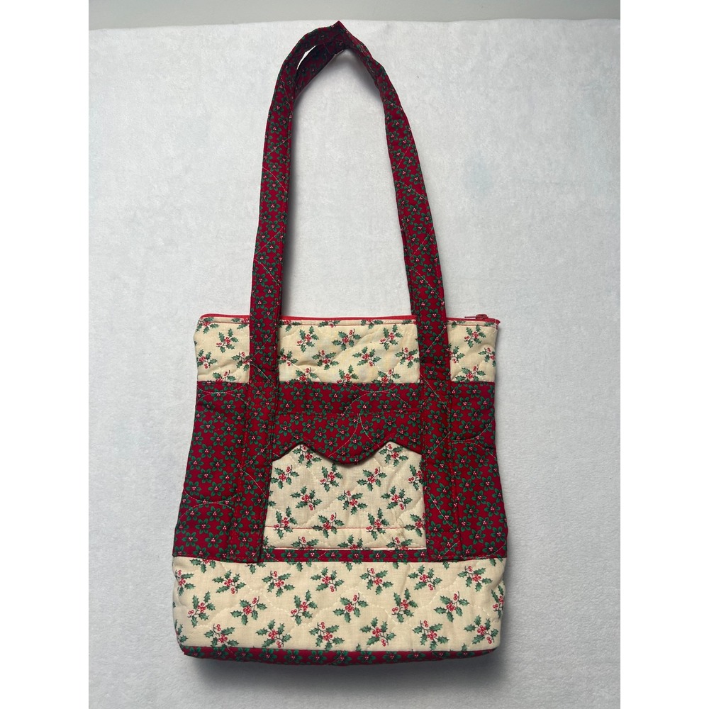 Handmade Quilted Small Bag Christmas Holiday Holly Red Cream Scalloped Festive